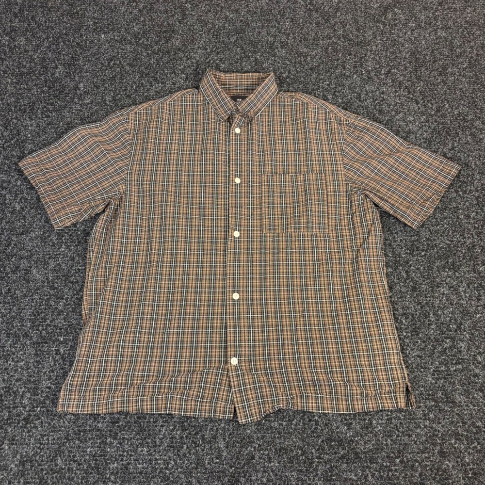 HM Mens Loose Fit Short Sleeve Plaid Button Down Shirt Brown Large